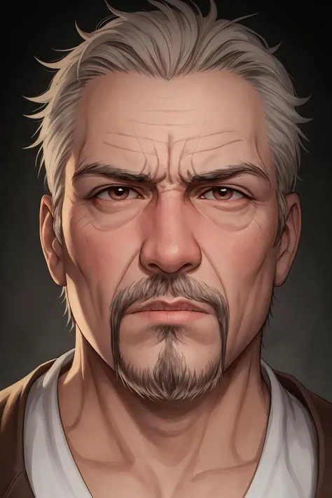portrait, close-up, aging man, detailed skin, brown eyes, goatee, serious expression, rim lighting