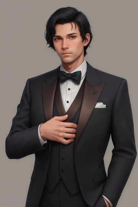 adult male, detailed skin, black hair, tuxedo, hands in pockets