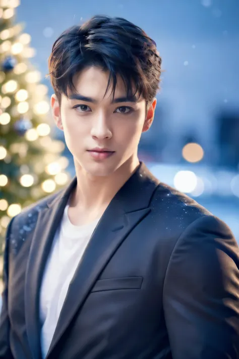 masterpiece, best quality, UHD, 8K, realistic, (photorealistic), (extremely Highly detailed photo:1.2),1boy, solo,upper body,cowboy shot,outdoors,christmas ,christmas tree, night,snow  <lora:add_detail:1>, <lora:gayboy-000005:0.7>, <lora:husbandoLocon_v33:0.3>