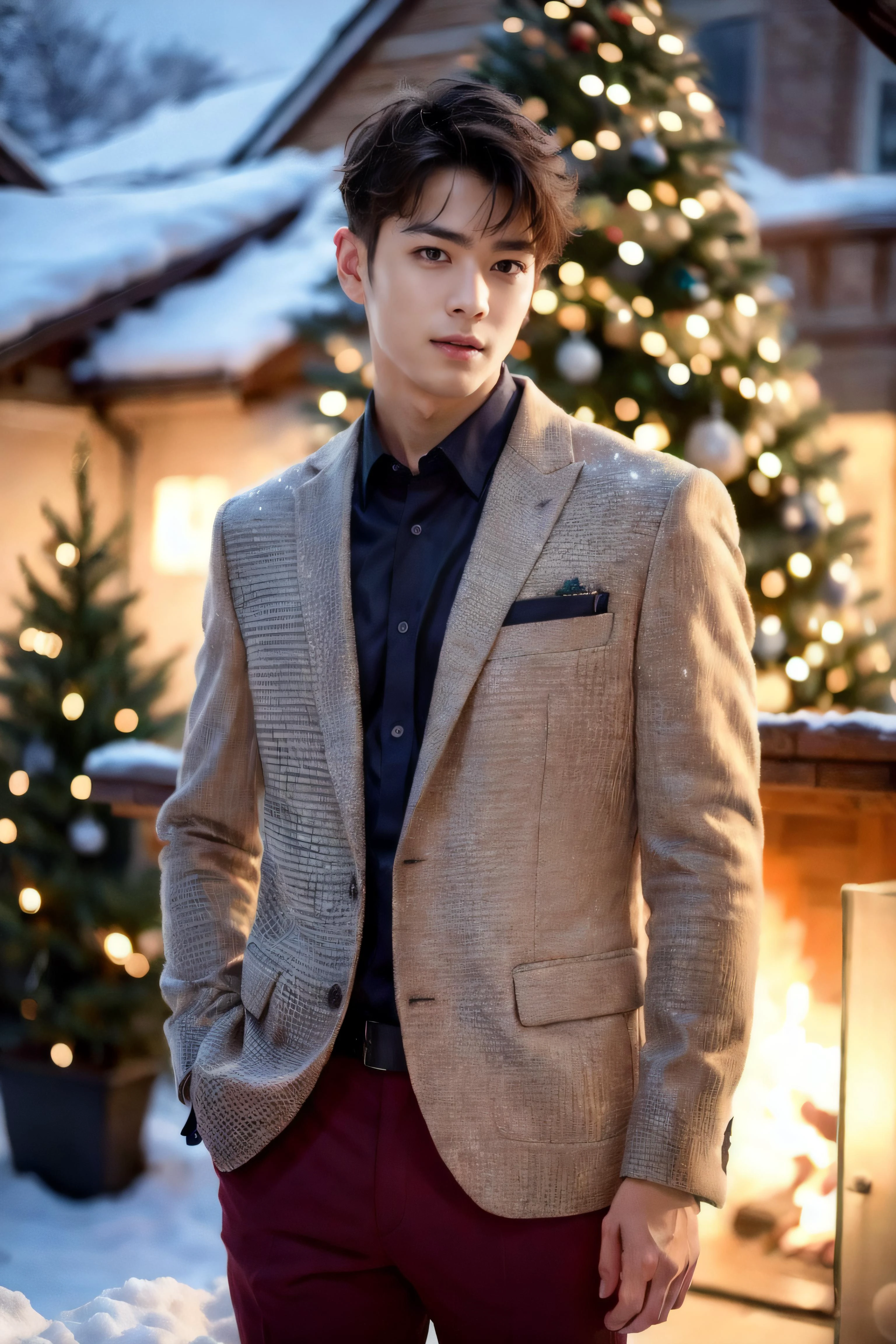 masterpiece, best quality, UHD, 8K, realistic, (photorealistic), (extremely Highly detailed photo:1.2),1boy, solo,upper body,cowboy shot,outdoors,christmas ,christmas tree, night,snow <lora:add_detail:1>, <lora:gayboy-000005:0.7>, <lora:husbandoLocon_v33:0.3>