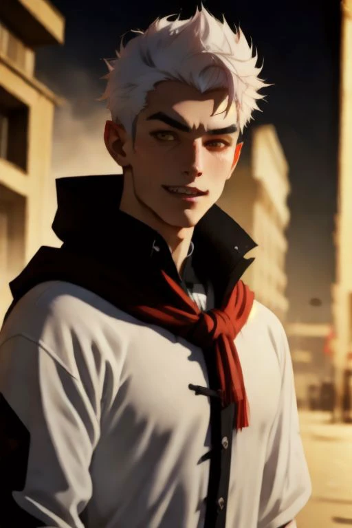 profpic, vampire male, sharp teeth, evil wide grin, pale white skin, white hair, spiked hair like a porcupine, short hair, rogue, black cloak, raggedy dirty clothes, clothes on, red eyes,