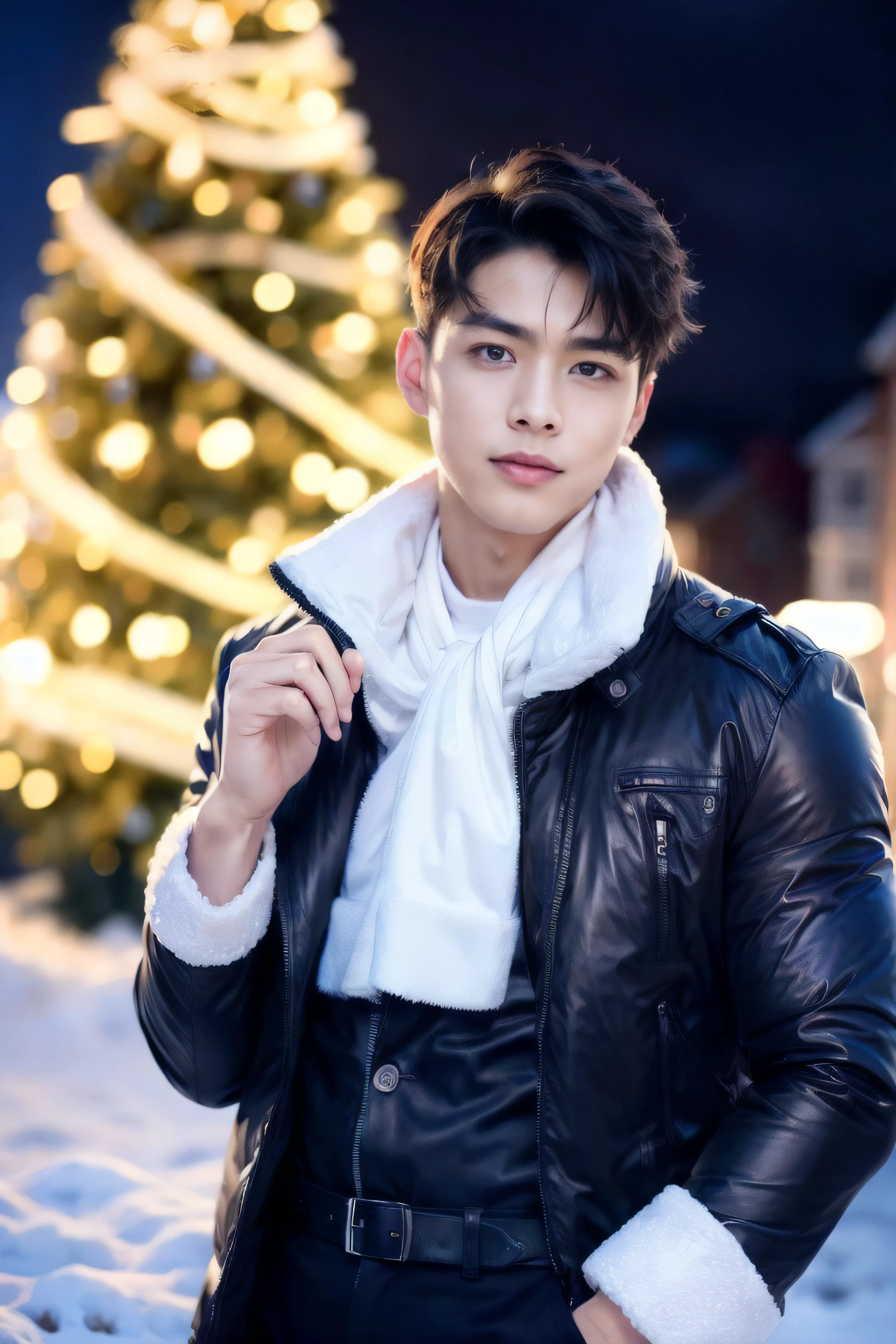 masterpiece, best quality, UHD, 8K, realistic, (photorealistic), (extremely Highly detailed photo:1.2),1boy, solo,upper body,cowboy shot,outdoors,christmas ,christmas tree, night,snow <lora:add_detail:1>, <lora:gayboy-000005:0.7>, <lora:husbandoLocon_v33:0.3>