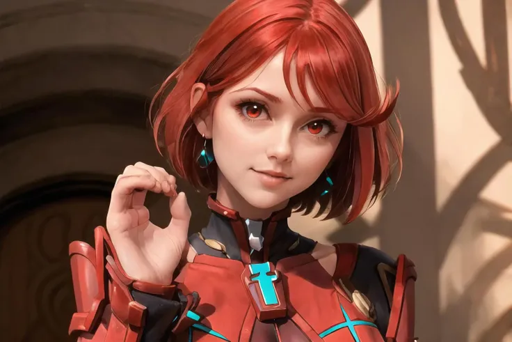 Highly detailed, High Quality, Masterpiece, beautiful, 1girl, solo, OneDoesNotSimply, <lora:OneDoesNotSimply:1>, Pyra \(xenoblade\), Pyra:1.2, red hair, red eyes, short hair, <lora:Char_Xenoblade_PyraMythraPneuma:0.5>