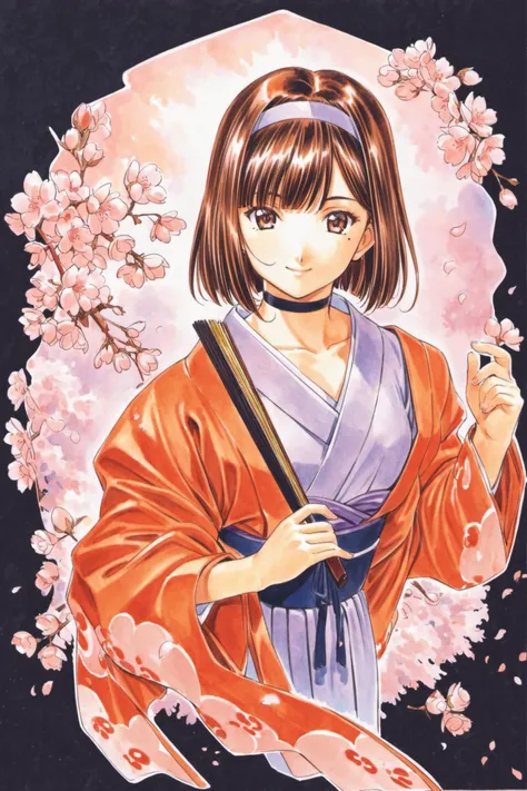 Kanzaki Sumire, 1girl, solo, hand fan, japanese clothes, hairband, mole under eye, mole, holding, brown hair, short hair, folding fan, traditional media, kimono, choker, holding fan, looking at viewer, painting (medium), watercolor (medium), bangs, collarbone, brown eyes,closed mouth, smile, dress, cherry blossoms, <lora:Kosuke Fujishima_XL:0.8>