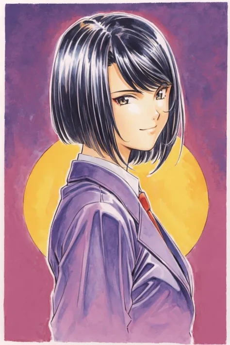 Kujou Subaru, 1girl, solo, necktie, short hair, black hair, red necktie, white background, jacket, simple background, upper body, smile, looking at viewer, bob cut, purple jacket, blazer, school uniform, traditional media, closed mouth, shirt, from side, black eyes, <lora:Kosuke Fujishima_XL:0.8>