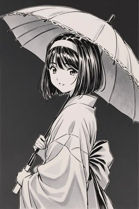 Kanzaki Sumire,1girl,solo,monochrome,umbrella,hairband,holding,japanese clothes,looking at viewer,holding umbrella,traditional media,kimono,greyscale,wide sleeves,upper body,bangs,smile,short hair,simple background,sash,long sleeves,parted lips,from side,bow,mole under eye,parasol,looking to the side,obi,<lora:Sakura Wars_XL:0.8>,