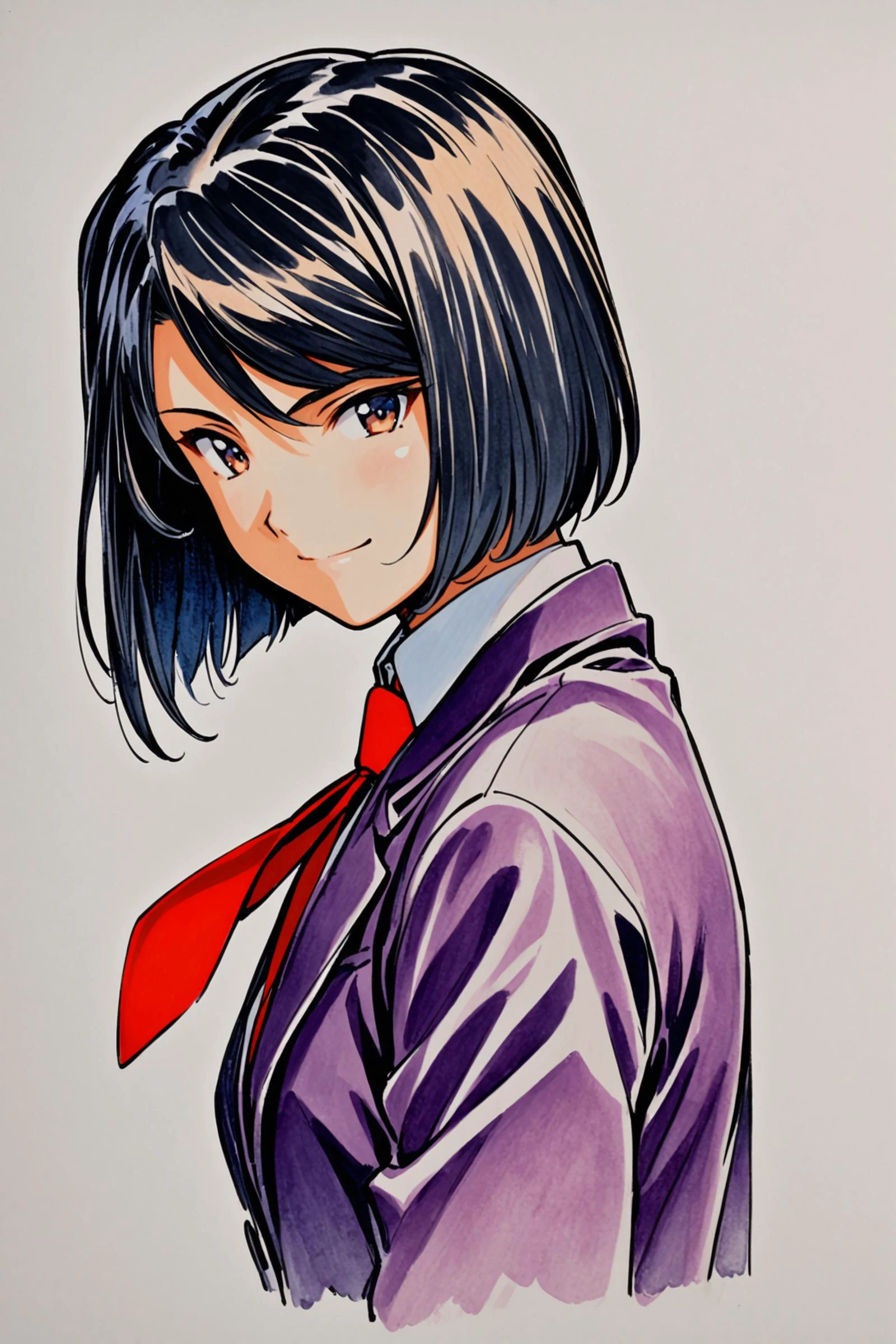 Kujou Subaru,1girl,solo,necktie,short hair,black hair,red necktie,white background,jacket,simple background,upper body,smile,looking at viewer,bob cut,purple jacket,blazer,school uniform,traditional media,closed mouth,shirt,from side,black eyes,<lora:Sakura Wars_XL_V2.1:0.8>,
