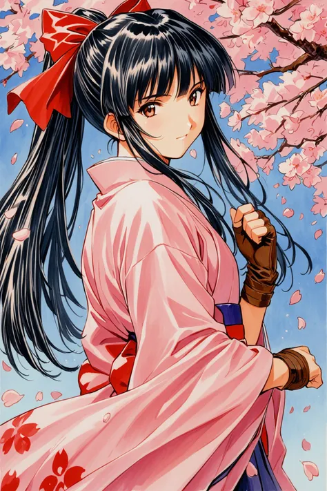Shinguji Sakura,1girl,solo,japanese clothes,gloves,bow,brown eyes,fingerless gloves,black hair,red bow,ponytail,petals,long hair,hair bow,cherry blossoms,kimono,traditional media,<lora:Sakura Wars_XL_V2.1:0.8>,