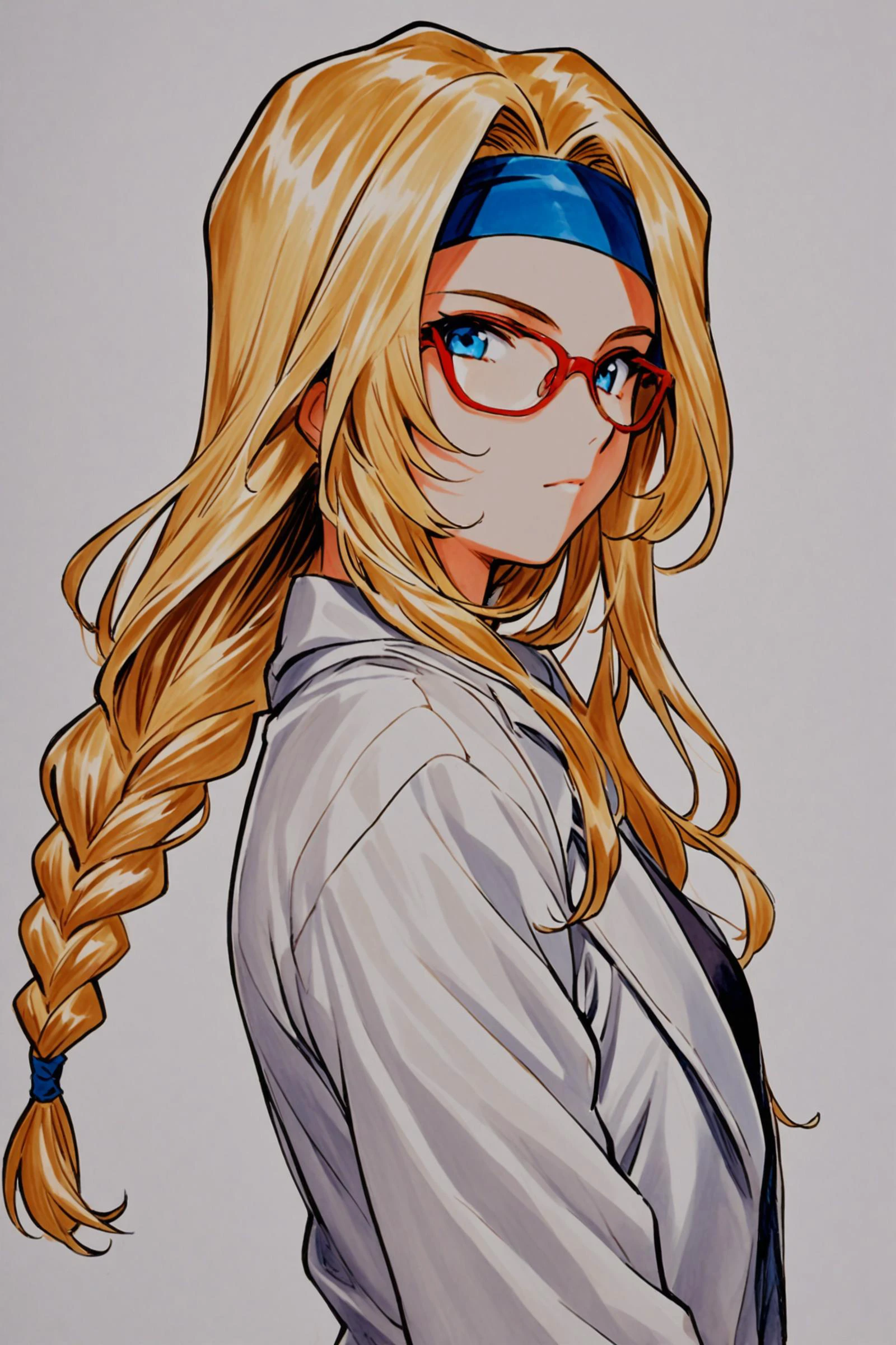 Diana Caprice,1girl,solo,glasses,blonde hair,long hair,blue eyes,white background,labcoat,blue headband,braid,simple background,upper body,shirt,traditional media,looking at viewer,single braid,red-framed eyewear,<lora:Sakura Wars_XL_V2.1:0.8>,