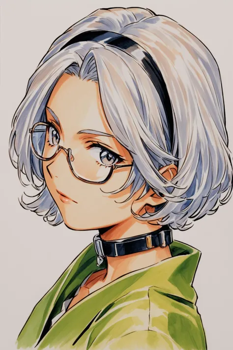 Lobelia Carlini,solo,1girl,glasses,hairband,short hair,choker,white hair,white background,simple background,grey eyes,collar,portrait,traditional media,looking at viewer,closed mouth,green clothes,<lora:Sakura Wars_XL:0.8>,