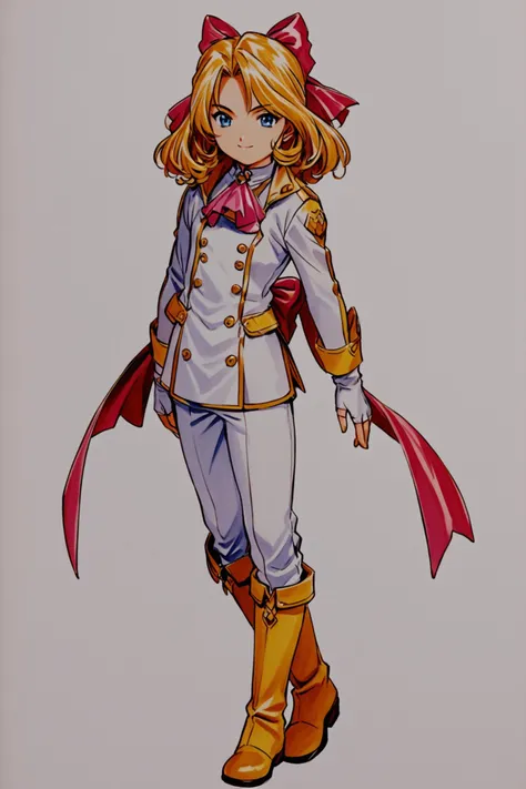 Iris Chateaubriand,1girl,female child,solo,white background,bow,blonde hair,smile,gloves,full body,simple background,fingerless gloves,white pants,boots,big hair bow,pants,looking at viewer,yellow footwear,long sleeves,blue eyes,standing,pink bow,jacket,closed mouth,white gloves,sash,buttons,bowtie,bangs,shirt,wavy hair,ascot,parted bangs,short hair,ribbon,hair intakes,traditional media,<lora:Sakura Wars_XL:0.8>,