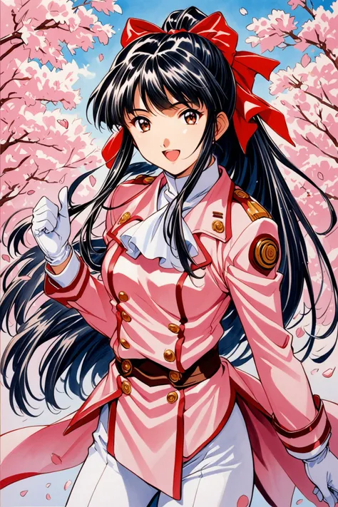 Shinguji Sakura,1girl,solo,cowboy shot,smile,open mouth,looking at viewer,black hair,high ponytail,hair ribbon,red ribbon,red bow,ponytail,white pants,uniform,military uniform,pink jacket,white gloves,white ascot,cherry blossoms,traditional media,gloves,long hair,bow,hair bow,pants,brown eyes,ascot,ribbon,petals,<lora:Sakura Wars_XL_V2.1:0.8>,