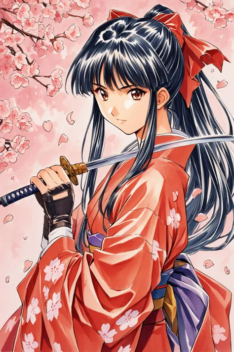 Shinguji Sakura,1girl,weapon,sword,solo,japanese clothes,gloves,bow,brown eyes,fingerless gloves,black hair,red bow,ponytail,katana,petals,long hair,hair bow,cherry blossoms,kimono,traditional media,<lora:Sakura Wars_XL:0.8>,