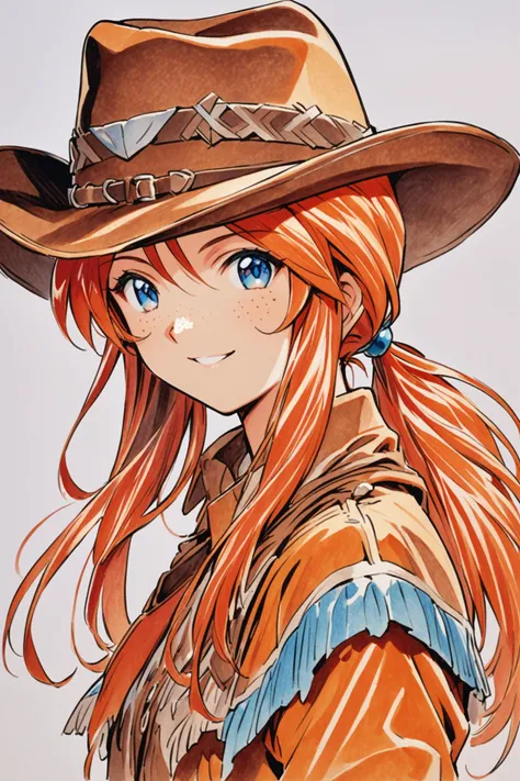 Gemini Sunrise,freckles,1girl,solo,hat,cowboy hat,blue eyes,long hair,smile,upper body,white background,traditional media,ponytail,cowboy western,simple background,looking at viewer,orange hair,jewelry,red hair,<lora:Sakura Wars_XL_V2.1:0.8>,