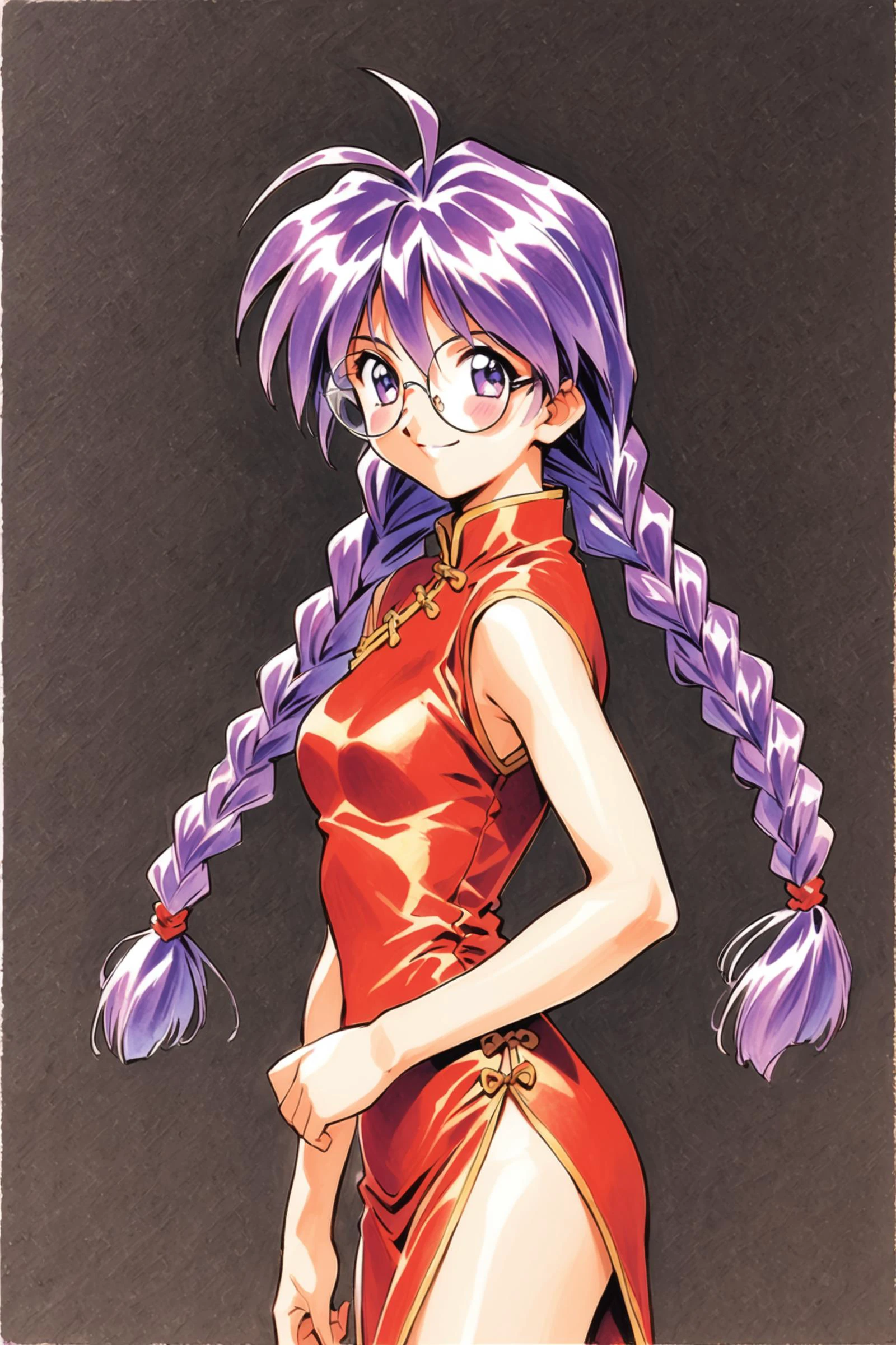 lee kohran,1girl,chinese clothes,china dress,1990s (style),solo,dress,glasses,twin braids,braid,retro artstyle,round eyewear,long hair,side slit,standing,red dress,looking at viewer,black background,purple hair,ahoge,purple eyes,sleeveless,simple background,smile,traditional media,<lora:Sakura Wars_XL_V2.1:0.8>,