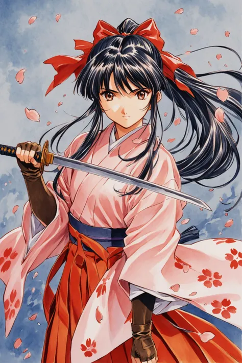 Shinguji Sakura,1girl,weapon,solo,sword,japanese clothes,bow,black hair,red bow,long hair,brown eyes,gloves,petals,fingerless gloves,cherry blossoms,katana,hair bow,ponytail,kimono,hakama,hakama skirt,traditional media,<lora:Sakura Wars_XL:0.8>,