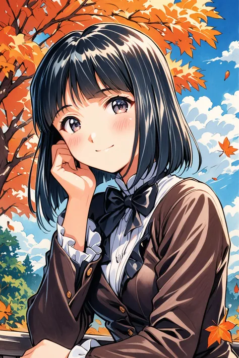 Kitaoji Hanabi,1girl,solo,short hair,outdoors,black hair,blue hair,sky,light smile,day,looking at viewer,bow,upper body,autumn leaves,cloud,long sleeves,blue sky,hand on own face,bangs,jacket,bowtie,black eyes,autumn,black bow,tree,bob cut,hand on own cheek,leaf,black bowtie,blush,frills,blunt bangs,frilled sleeves,black dress,traditional media,<lora:Sakura Wars_XL_V2.1:0.8>,