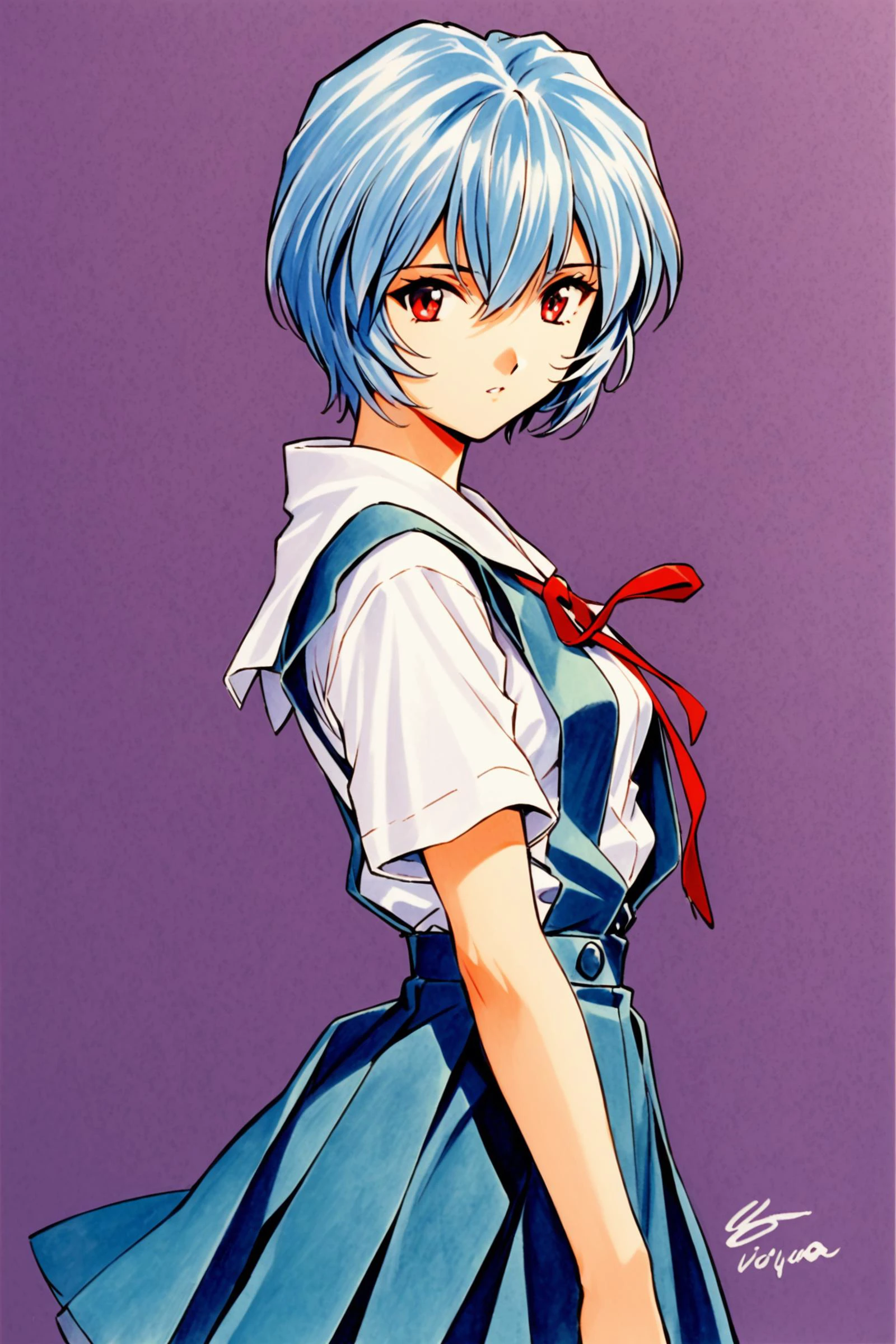 1girl,ayanami rei,solo,red eyes,short hair,school uniform,blue hair,tokyo-3 middle school uniform,signature,short sleeves,hair between eyes,suspender skirt,purple background,bangs,purple theme,shirt,cowboy shot,looking to the side,skirt,white shirt,looking at viewer,parted lips,suspenders,traditional media,<lora:Sakura Wars_XL:0.8>,