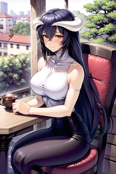 establishing shot, best quality, masterpiece, highres, detailed, albedo, demon horns, very long black hair, (smile:0.8), seated in a chair at a table in a  bakery, tea and cake on table, garden in background outside window, wearing a white turtleneck sweater and dark pants
<lora:mogudan_v3:0.8> <lora:albedo_(overlord)_v10:0.5> <lora:add_detail:0.2>