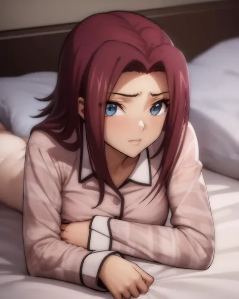 <lyco:Kallen-Stadtfeld-NAI-LyCORIS:1.0> 
kstf, 1girl, solo, lying on stomach, on bed,wearing pink pyjamas, blue eyes