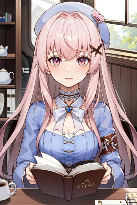 1girl, hat, teacup, book, open_book, reading, long_hair, sitting, coffee, tea, holding_book, solo, saucer, table, very_long_hair, looking_at_viewer, pink_eyes, long_sleeves, ribbon, red_ribbon, striped, shirt, skirt, neck_ribbon, mug, bangs, tray, pink_hair, teapot, eyebrows_visible_through_hair, holding, coffee_mug, closed_mouth, ahoge, menu, notebook, vertical_stripes, red_neckwear, silver_hair, blue_shirt, hair_between_eyes, expressionless <lora:chara_sakuratokoAT:0.6>
