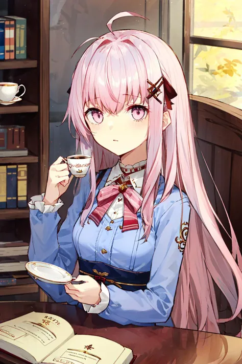 1girl, teacup, book, open_book, reading, long_hair, sitting, coffee, tea, holding_book, solo, saucer, table, very_long_hair, looking_at_viewer, pink_eyes, long_sleeves, ribbon, red_ribbon, striped, shirt, skirt, neck_ribbon, mug, bangs, tray, pink_hair, teapot, eyebrows_visible_through_hair, holding, coffee_mug, closed_mouth, ahoge, menu, notebook, vertical_stripes, red_neckwear, silver_hair, blue_shirt, hair_between_eyes, expressionless <lora:style_Kazutakewazano:1> <lora:chara_sakuratokoAT:0.6:lbw=MIDD>
