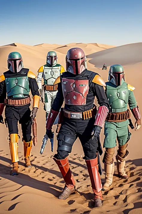 group of bobafett on dune, hyper realism, ultra detailed, 8k, photo realistic, symmetric eyes, ((action pose)), (realistic:1.8), finely detail, detailed face, blurry background <lora:bobafett01:1>