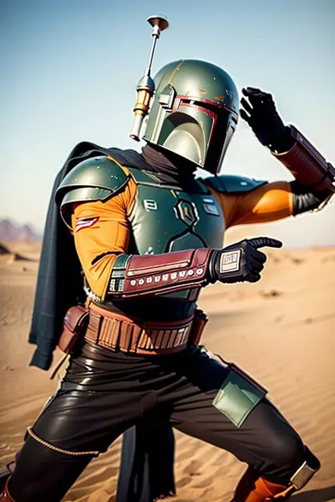portrait of bobafett on dune, hyper realism, ultra detailed, 8k, photo realistic, symmetric eyes, ((action pose)), (realistic:1.8), finely detail, detailed face, blurry background <lora:bobafett01:1>
