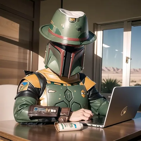 boba fett, fat, obese, in desert, sat at desk, computer, bedroom, day, sunlight, wearing trilby <lora:ARWbobafett:1>