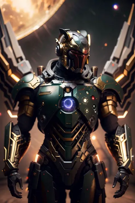 solo, 3dcreature, bobafett man, flying over planet, mecha, reactor, robot, space, atmosphere, planet, earth, analog style, hip cocked, demure, low cut, detailed skin, matte skin, soft lighting, subsurface scattering, realistic, heavy shadow, masterpiece, best quality, ultra realistic, 8k, golden ratio, Intricate, High Detail, film photography, soft focus, low light, <lora:ARWbobafett:0.6> <lora:mecha(mjstyle):0.8>