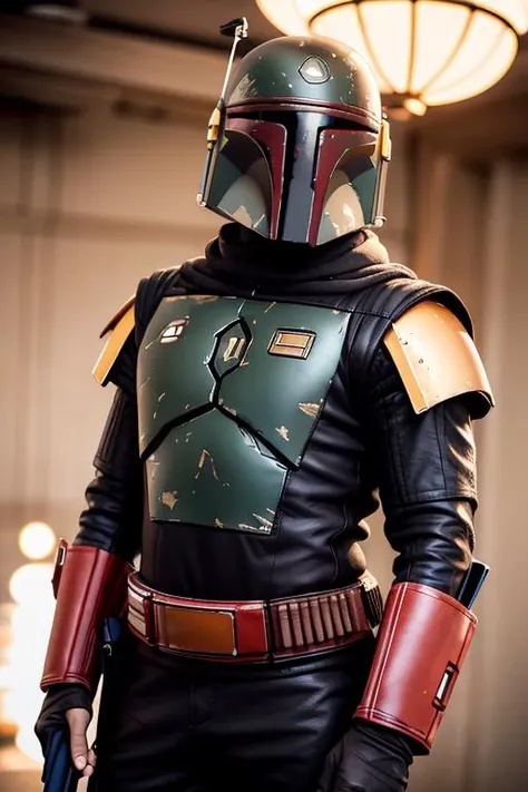 solo, bobafett man, no helmet, rusty, space, planet, analog style, hip cocked, demure, low cut, detailed skin, matte skin, soft lighting, subsurface scattering, realistic, heavy shadow, masterpiece, best quality, ultra realistic, 8k, golden ratio, Intricate, High Detail, film photography, soft focus, low light, <lora:ARWbobafett:1>