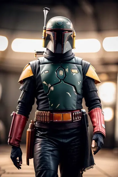 solo, bobafett man, no helmet, rusty, space, planet, analog style, hip cocked, demure, low cut, detailed skin, matte skin, soft lighting, subsurface scattering, realistic, heavy shadow, masterpiece, best quality, ultra realistic, 8k, golden ratio, Intricate, High Detail, film photography, soft focus, low light, <lora:ARWbobafett:1>