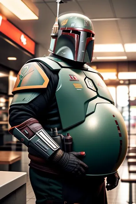 medium shot, bobafett, standing, helmet, armor, (obese:1.2), holding fast food bag, at mcdonalds, indoors, cinematic lighting, 8k, uhd, unreal, octane, <lora:bobafett01:0.9>