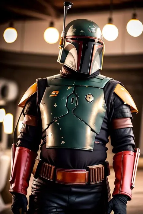 solo, bobafett man, no helmet, rusty, space, planet, analog style, hip cocked, demure, low cut, detailed skin, matte skin, soft lighting, subsurface scattering, realistic, heavy shadow, masterpiece, best quality, ultra realistic, 8k, golden ratio, Intricate, High Detail, film photography, soft focus, low light,  <lora:ARWbobafett:1>