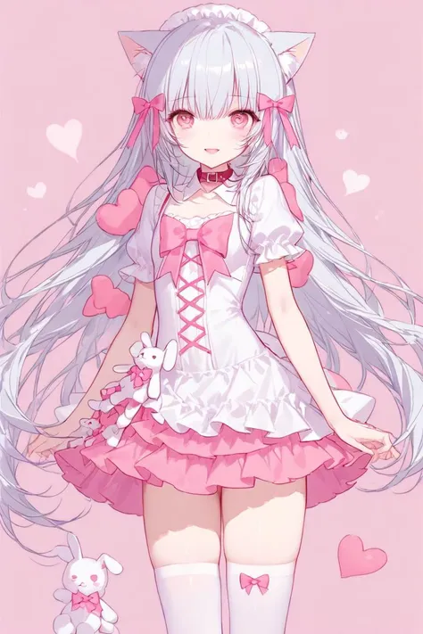 masterpiece, best quality, perfect features, (hitenkei, askzy:0.4), 1girl, solo,pink skirt,white skirt, thighhighs,dress, stuffed bunny, light smile,  looking at viewer, smile, open mouth, hearts,simple background,   animal ears, collar, cat ears, animal ear fluff, pink eyes, heart,heart-shaped pupils, maid headdress, hair bow, <lora:Nyarutoru_xl:0.8>