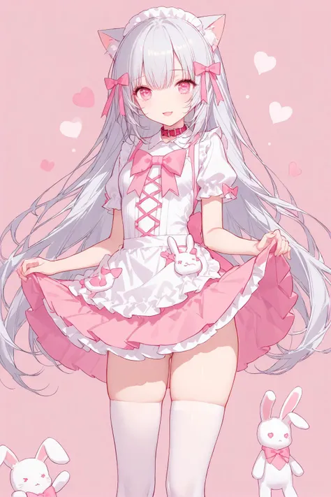 masterpiece, best quality, perfect features, (hitenkei, askzy:0.4), 1girl, solo,pink skirt,white skirt, thighhighs,dress, stuffed bunny, light smile,  looking at viewer, smile, open mouth, hearts,simple background, apron lift,   animal ears, collar, cat ears, animal ear fluff, pink eyes, heart,heart-shaped pupils, maid headdress, hair bow, <lora:Nyarutoru_xl:0.7>