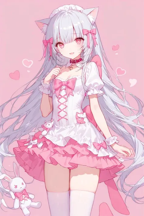 masterpiece, best quality, perfect features, (hitenkei, askzy:0.4), 1girl, solo,pink skirt,white skirt, thighhighs,dress, stuffed bunny, light smile,  looking at viewer, smile, open mouth, hearts,simple background,   animal ears, collar, cat ears, animal ear fluff, pink eyes, heart,heart-shaped pupils, maid headdress, hair bow, <lora:Nyarutoru_xl:0.8>