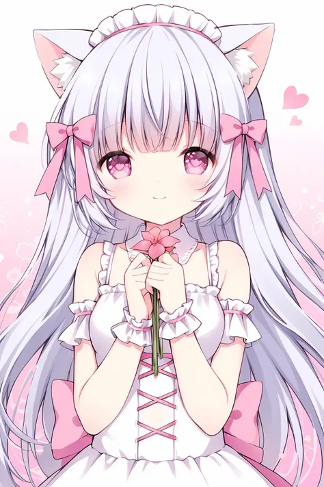 CHII,1girl,solo,flower, holding, holding flower,light smile, lace,upper body,dress,bangs,looking at viewer,bare shoulders,smile,sleeveless,traditional media,white dress,lace trim,pink flower,own hands together,closed mouth,<lora:Chobits_XL:0.7>,Nyarutoru, pink skirt,white skirt, white thighhighs,dress, cat ears, animal ear fluff, pink eyes, heart,heart-shaped pupils, maid headdress, hair bow, <lora:Nyarutoru_xl:0.7>