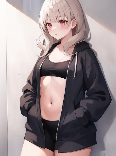 masterpiece, detailed, high quality, (absurdres), high sharpness, high resolution, reimu, 1girl, solo, blush, nervous, small breasts, curvy, wide hips, groin, navel, stomach, cameltoe, hood, hoodie, (partially unzippedz), pocket, (hand in pocket), against wall,