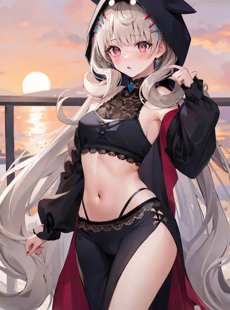 masterpiece, detailed, high quality, (absurdres), high sharpness, high resolution, reimu, 1girl, solo, absurdly long hair, blush, surprised, small breasts, curvy, wide hips, groin, navel, stomach, (cameltoe), (hood), crop top, long skirt, side slit, (lace trim:1.3), walking, sunset,