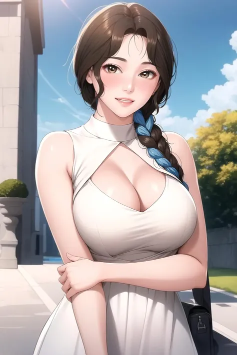 (masterpiece, best quality), cleavage, white dress, looking at viewer, outdoors, sky, smile, blue sky, day, sleeveless, blush, parted lips,  shoulders, <lora:MikyungV3:0.8> mikyung