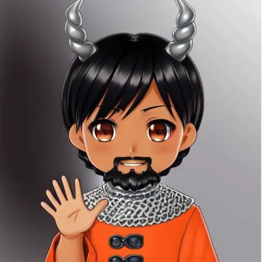 (((chibi))), (((dark tanned skin))), anime, (((medium of a male sajevtu smiling))), (((((waving one hand))))), ((black hair)), front bangs, (goatee beard), (((two symmetrical small silver twisted horns))), ((orange coat)), chainmail coif, vtuber emote, by seunghee lee, Jang Tae-Hwan, Chocofing R, seungho lee, smooth soft skin, big dreamy eyes, beautiful intricate colored hair, symmetrical, anime wide eyes, soft lighting, concept art, digital painting, detailed face, <lora:sajevtu:0.4> <lora:chibiStyle_v1:0.5>, (((simple background))), looking at camera