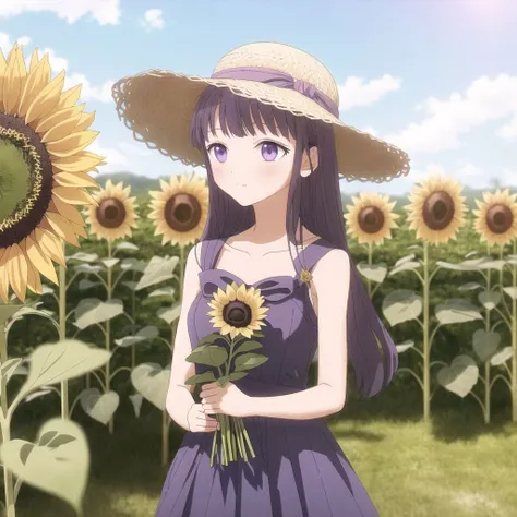 <lora:akebi:1>, akebi,
1girl, bare arms, blue ribbon, bouquet, bow, collarbone, dress, flower, grey dress, hat, hat bow, holding, holding bouquet, long dress, long hair, looking at viewer, purple bow, purple hair, ribbon, sleeveless, sleeveless dress, solo, standing, straight hair, straw hat, sun hat, sundress, sunflower, very long hair, yellow eyes, yellow flower, yellow headwear