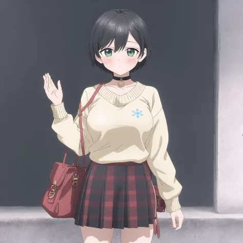 <lora:akebi:1>, akebi,
1girl, bag, between breasts, black choker, black skirt, blush, breasts, choker, cowboy shot, day, green eyes, hair between eyes, handbag, large breasts, looking at viewer, mask, mouth mask, official alternate costume, outdoors, plaid, plaid skirt, ribbed sweater, short hair, skirt, snowflake choker, solo, speech bubble, strap between breasts, sweater, virtual youtuber, waving, white sweater