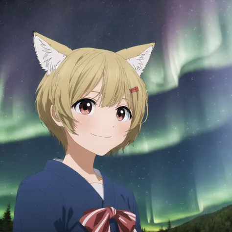 <lora:akebi:1>, akebi,
a large body of water with a sky full of stars and a green aurora bore in the background and a few clouds, animal ears, blonde hair, fox ears, hair ornament, hair ribbon, hairclip, japanese clothes, kemonomimi mode, leaf, looking at viewer, lying, on side, red eyes, ribbon, short hair, smile, solo