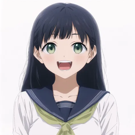 <lora:akebi:1>, akebi,
1girl, :d, bangs, beige sweater, blue sailor collar, breasts, fang, green eyes, large breasts, looking at viewer, medium breasts, neckerchief, open mouth, sailor collar, sidelocks, skin fang, sleeves past wrists, smile, solo, thick eyebrows, white background, white neckerchief
