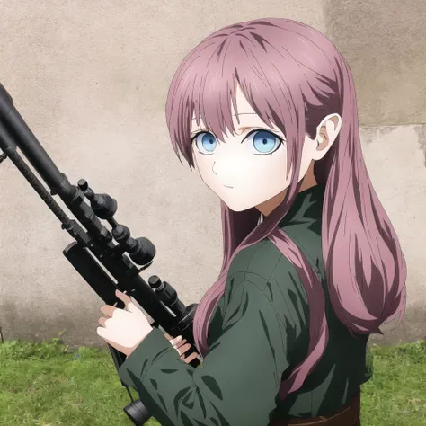 <lora:akebi:1>, akebi, blue eyes, cosplay, gnome-no, looking back, pink hair, quiet \(metal gear\) \(cosplay\), rifle, sniper rifle