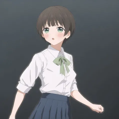 <lora:akebi:1>, akebi,
1girl, bangs, bent over, black footwear, blue skirt, blue socks, blush, breasts, brown hair, brown vest, collared shirt, green eyes, grey background, looking at viewer, looking back, looking through legs, medium breasts, open mouth, pleated skirt, shirt, shoes, short hair, simple background, skirt, sleeves rolled up, socks, solo, standing, upside-down, vest, white shirt