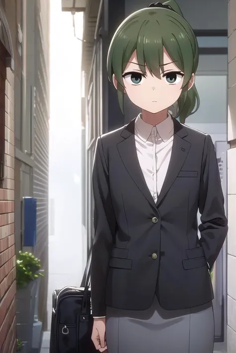 futabaigarashi, <lora:futaba igarashi s1-lora-nochekaiser:1>,
futaba igarashi, (green eyes:1.3), ponytail, green hair, medium hair, igarashi futaba \(shiromanta\),
BREAK skirt, shirt, jacket, collared shirt, coat, formal, suit, office lady, business suit, skirt suit, overcoat,
BREAK indoors, office,
BREAK looking at viewer, (cowboy shot:1.5),
BREAK <lyco:GoodHands-beta2:1>, (masterpiece:1.2), best quality, high resolution, unity 8k wallpaper, (illustration:0.8), (beautiful detailed eyes:1.6), extremely detailed face, perfect lighting, extremely detailed CG, (perfect hands, perfect anatomy),