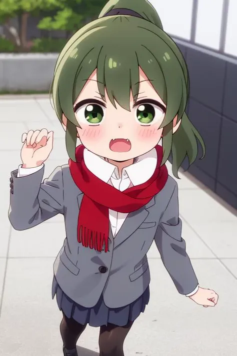 masterpiece, best quality,ultra detail, girl,petite,futaba igarashi, (green eyes:1.3), ponytail, green hair, medium hair, igarashi futaba \(shiromanta\), <lora:futaba igarashi s1-lora-nochekaiser:0.7>fang,shy,blush,from above,skirt,darkgray jacket, collared shirt, coat, formal, suit, office lady, business suit, outdoor,winter,red knit Scarf